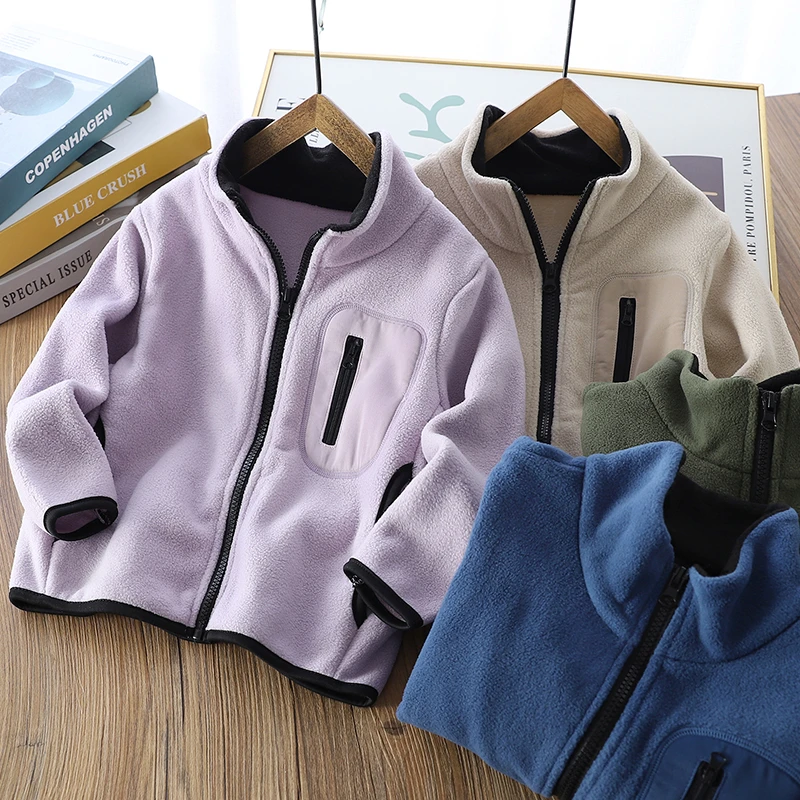 男童摇粒绒外套校服内胆中大童立领一体绒上衣保暖秋冬儿童拉链衫