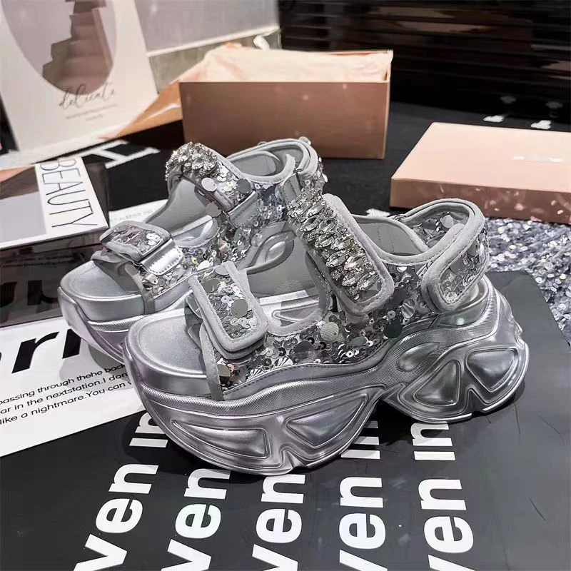 夏季新款水钻亮片透气老爹鞋小个子增高显瘦薄款休闲鞋运动凉鞋