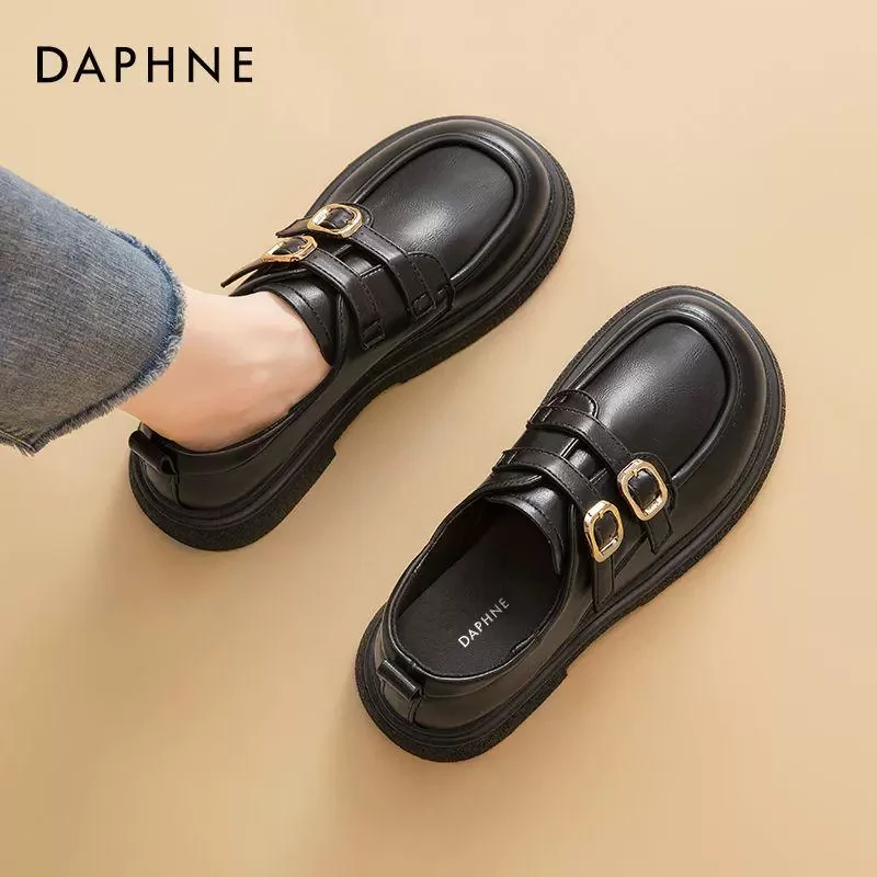 达芙妮厚底乐福鞋女2025爆款秋冬百搭英伦风黑色小皮鞋一脚蹬单鞋