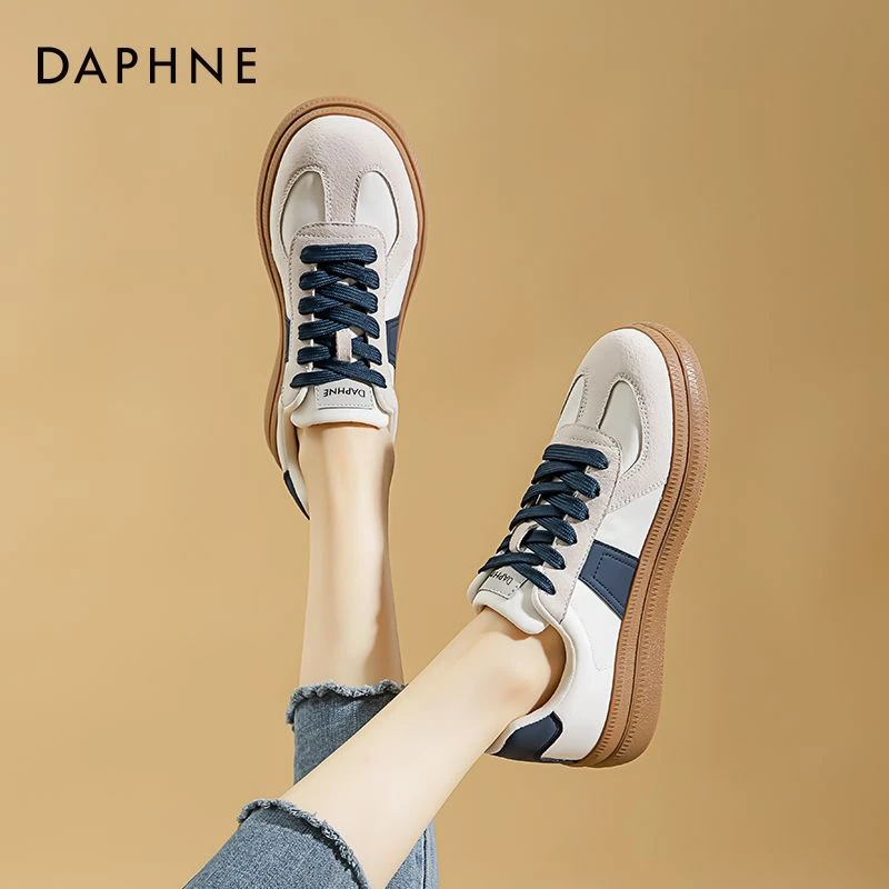 达芙妮真皮德训鞋女款2025爆款秋冬休闲厚底小蛮腰复古运动阿甘鞋