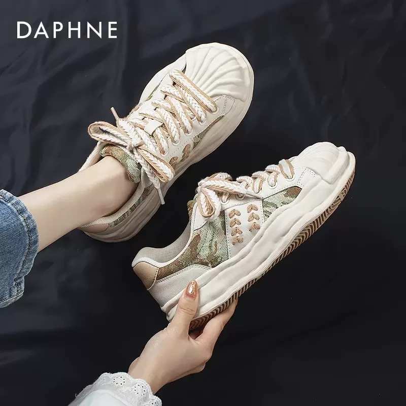 达芙妮贝壳头溶解鞋女鞋2025爆款秋冬厚底百搭油画小白鞋休闲板鞋