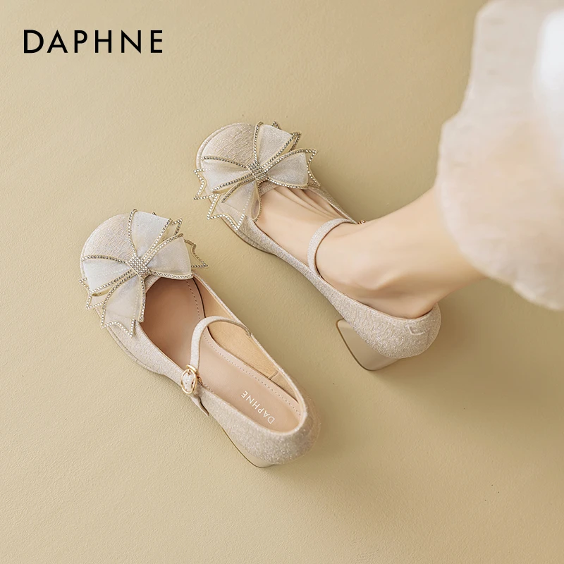 达芙妮蝴蝶结玛丽珍女鞋2025爆款秋冬粗跟浅口单鞋伴娘婚鞋高跟鞋