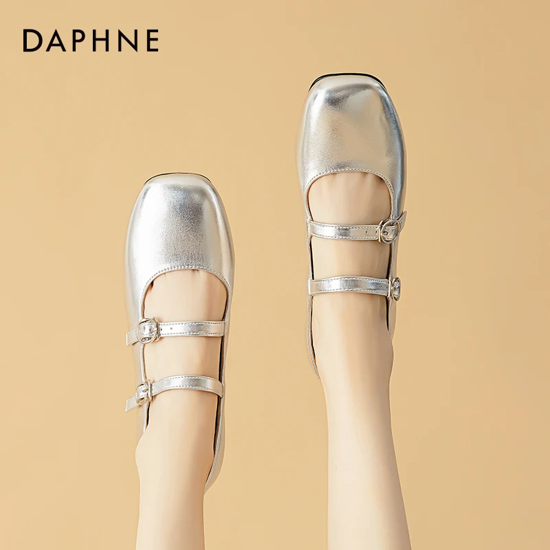 达芙妮银色玛丽珍女鞋2025爆款夏季高级感单鞋方头凉鞋芭蕾小皮鞋