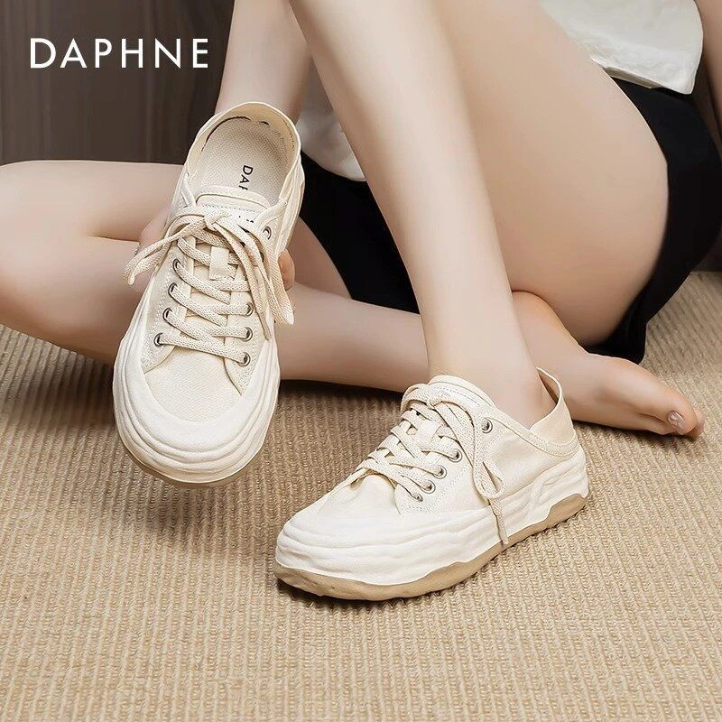 达芙妮两穿帆布鞋女2025爆款秋冬百搭一脚蹬半拖鞋溶解鞋休闲板鞋