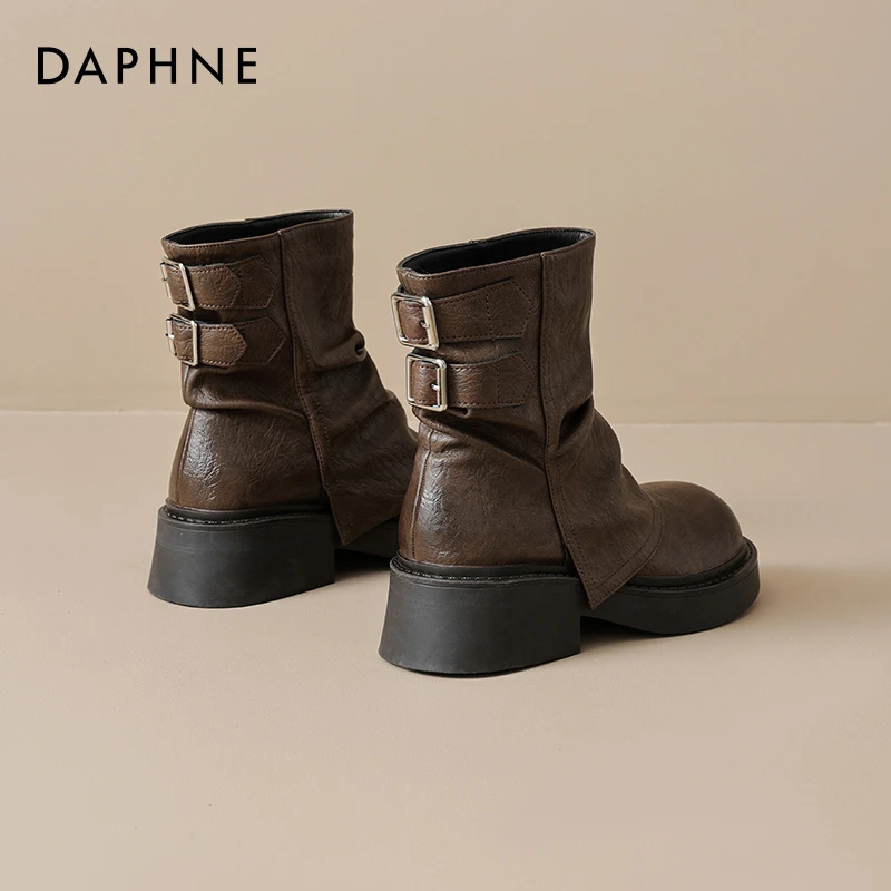 达芙妮雅丹风马丁靴女2025新款秋冬西部牛仔靴复古棕色时装裤管靴