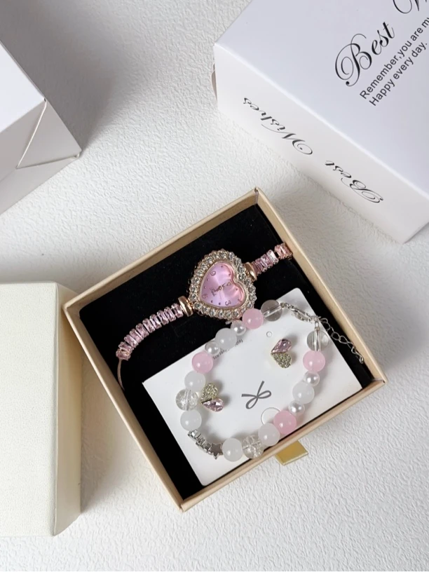 新款时尚设计女孩手表套装精致手链耳钉装扮三件套watc