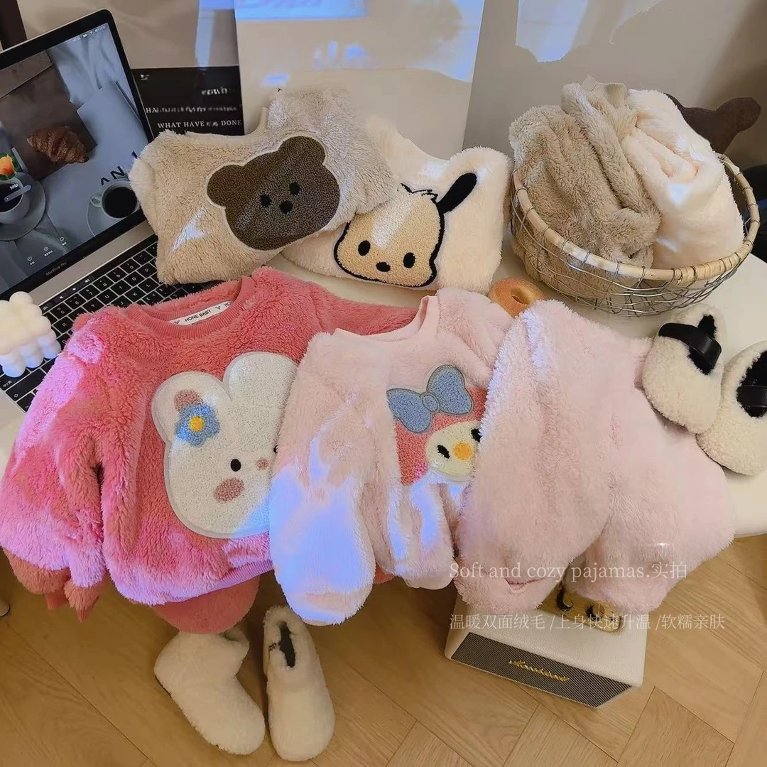 冬季女童睡衣套装云朵绒儿童法兰绒加绒家居服男宝保暖宝宝珊瑚绒
