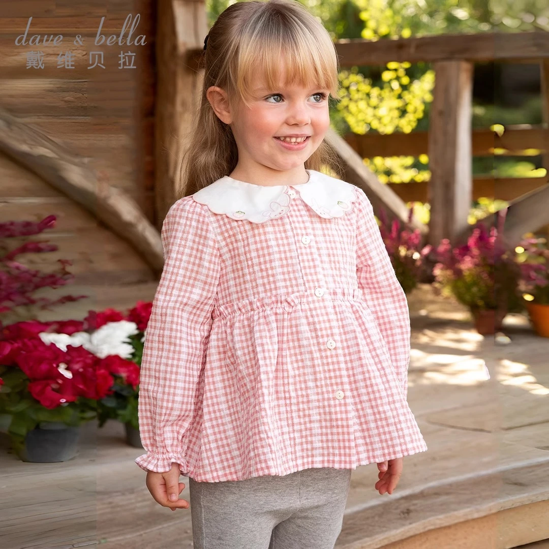 戴维贝拉儿童衬衫春装女童纯棉甜美粉格子长袖休闲上衣DB1250274