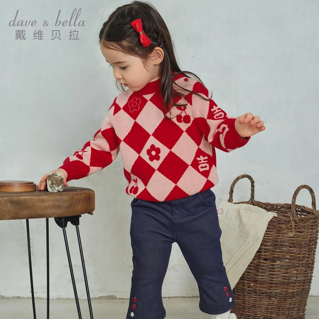 戴维贝拉儿童毛衣秋冬款女宝宝纯棉新年红中国风套头衫DB4243659