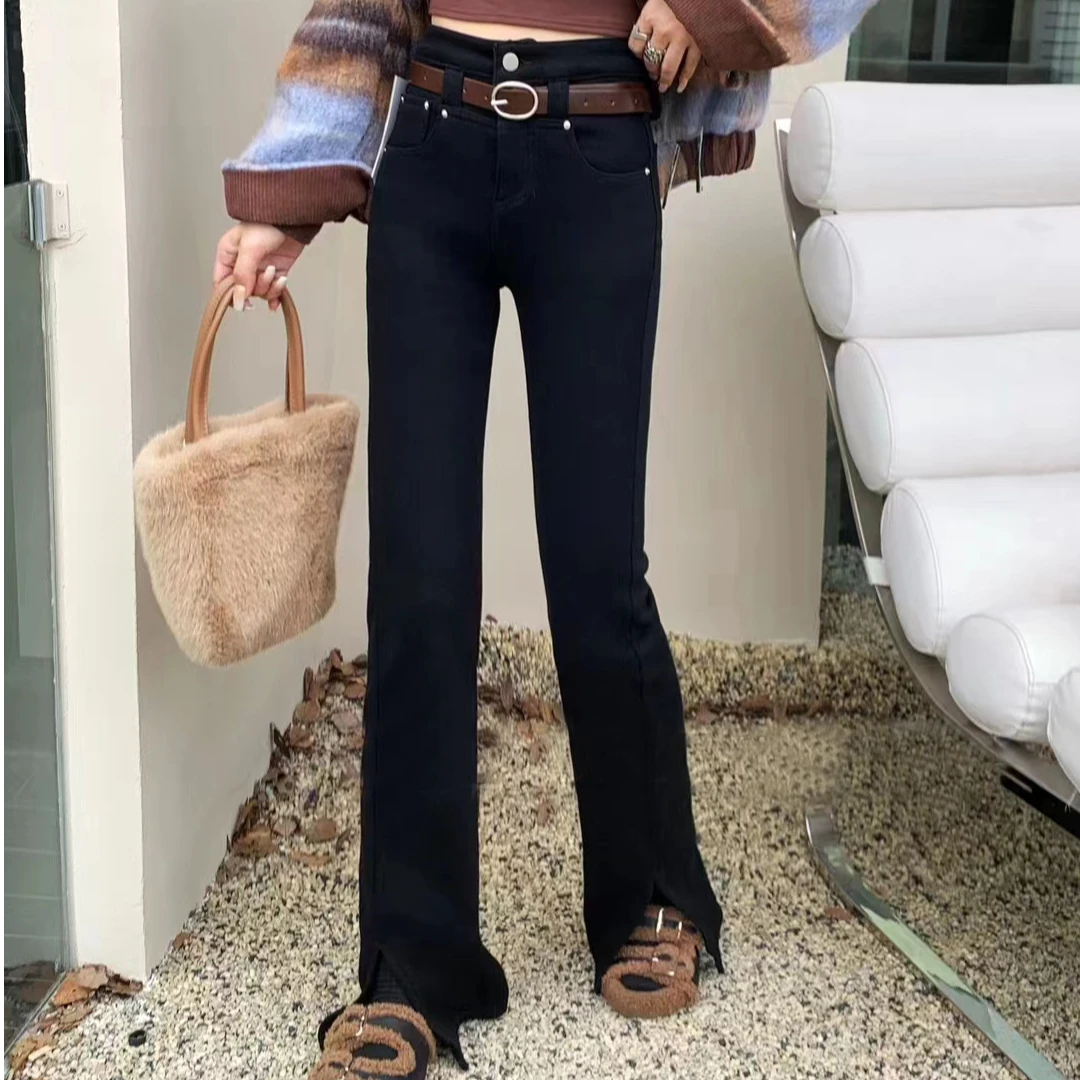 高腰开叉喇叭裤女微喇牛仔裤2024新款冬加绒复古牛仔裤