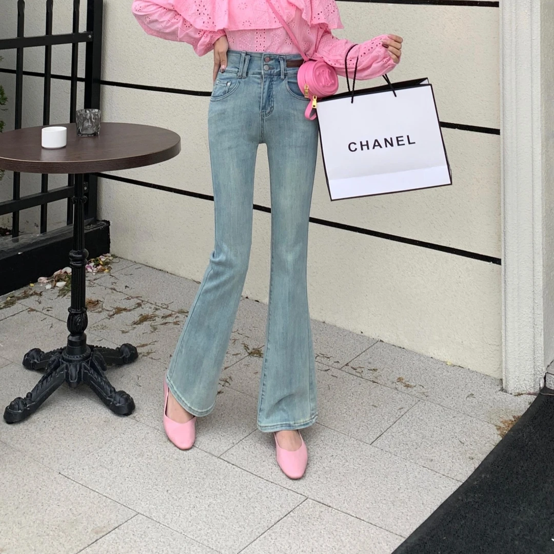 秋款洗水牛仔微喇裤高腰蓝色休闲宽松