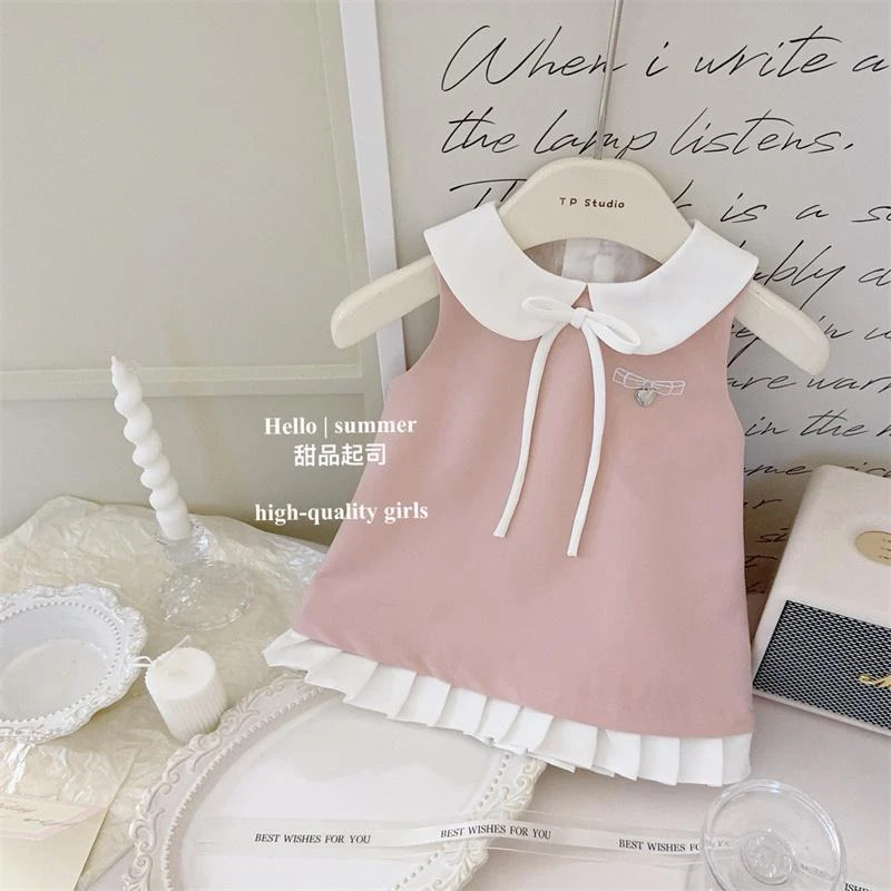 韩版春秋时尚背心裙奶乖甜妹韩系女宝宝小爱心撞色无袖连衣裙外穿