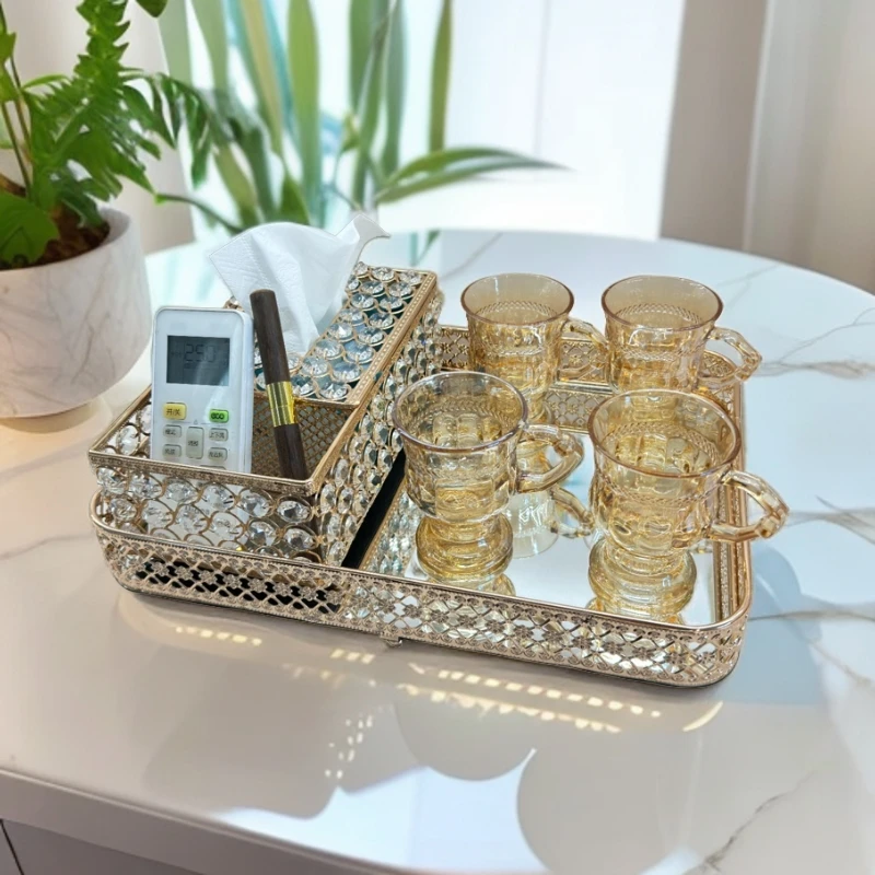 轻奢镜面镂空金色托盘化妆品收纳盘简约客厅茶几水果盘家用水杯盘