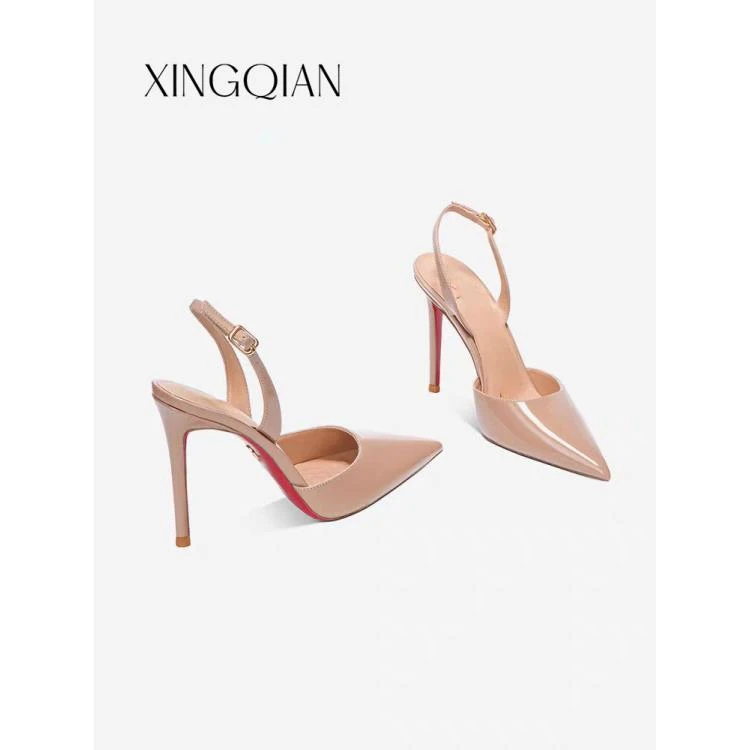 包头凉鞋女夏季尖头细跟气质简约后绊带裸色漆皮高跟鞋