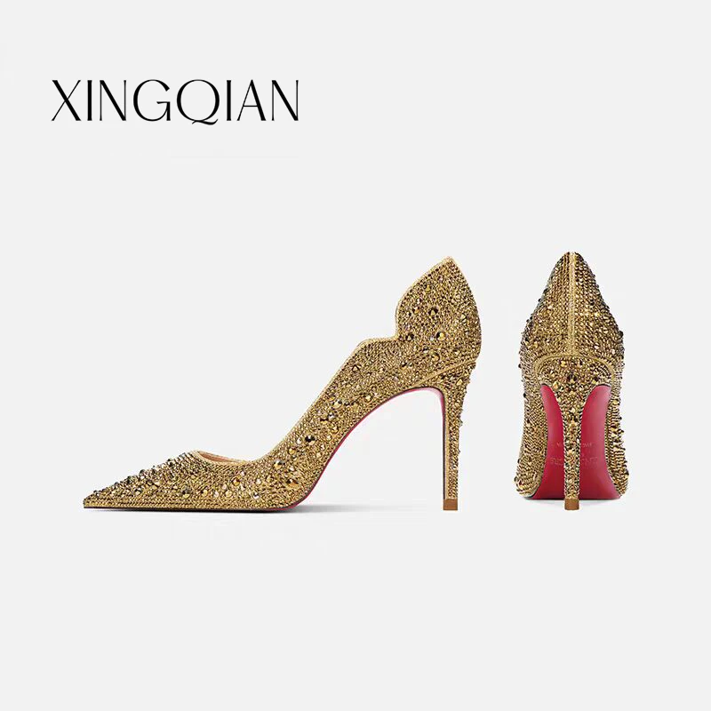 鎏金岁月水钻高级感贵气金色尖头红底细跟高跟波浪满钻轻奢高跟鞋