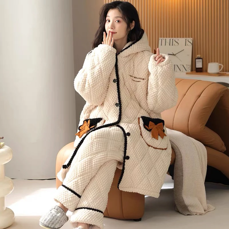 睡衣女士冬天法兰绒三层夹棉袄可外穿加绒加厚珊瑚绒可出门家居服