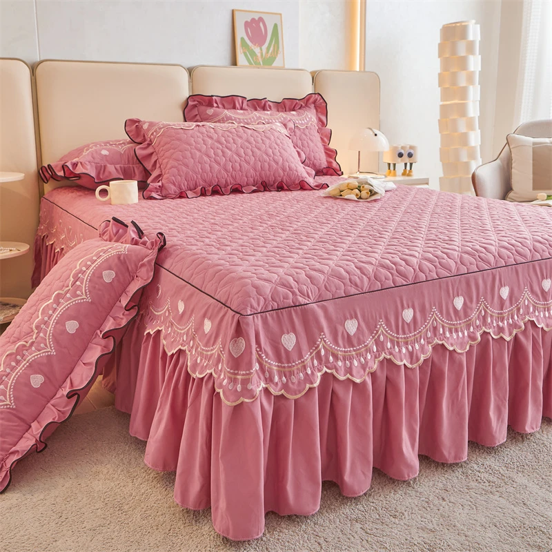 欧式新款公主风绗缝床裙单件纯色防尘床罩裙加厚夹棉高档防滑床