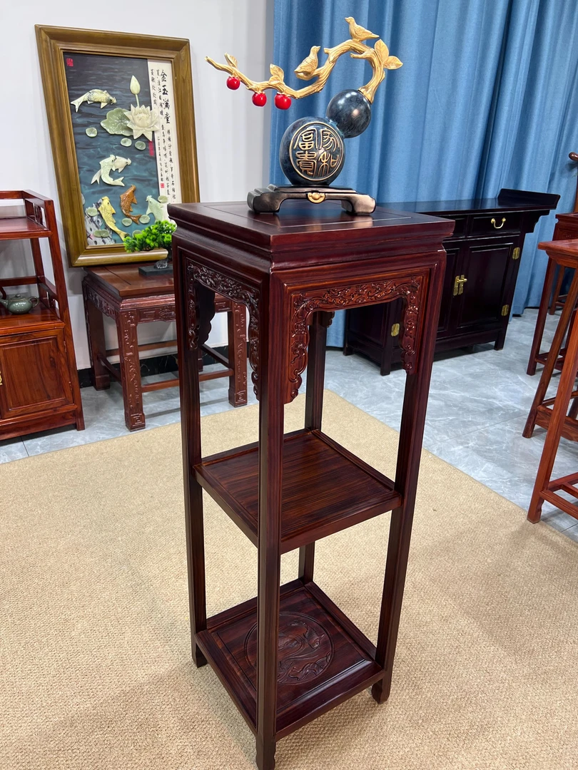 燕东红木家具花架1米新中式黑酸枝木落地双层实木置物架木作花几