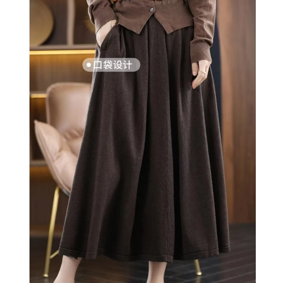 高腰半身羊毛裙女中长款带兜大摆A字裙针织百搭春秋款显瘦气质