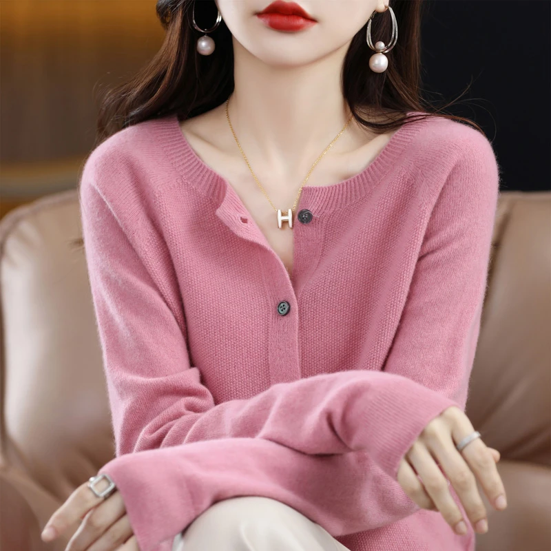 撤柜清仓~一线成衣纯羊毛圆领开衫女宽松桂花针针织外套春秋外搭