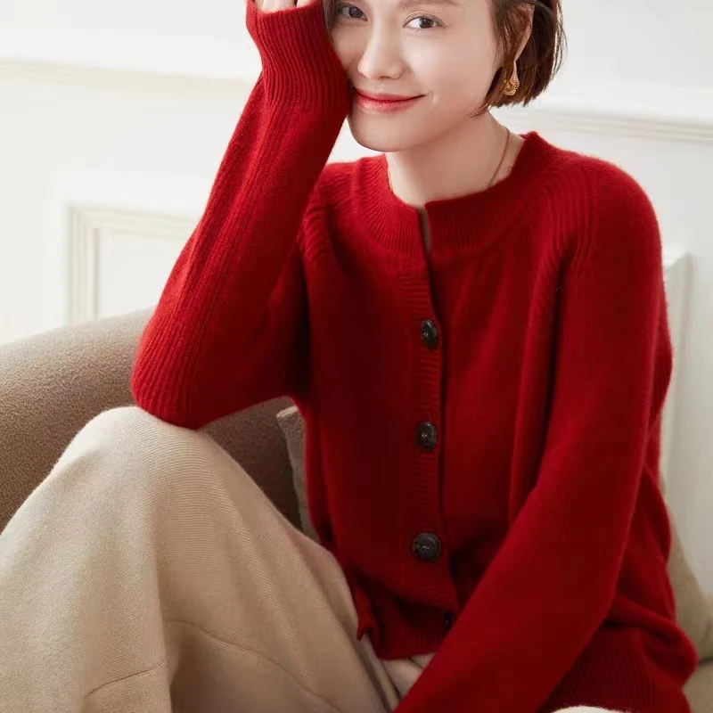 纯羊毛复古加厚圆领开衫女针织秋冬上衣纯色外搭毛衣宽松显瘦外套