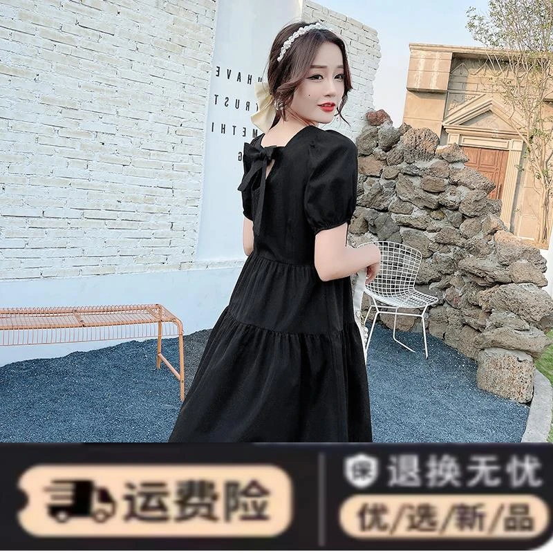 小个子黑色连衣裙女短款夏季新款法式方领赫本风小黑裙蝴蝶结裙子