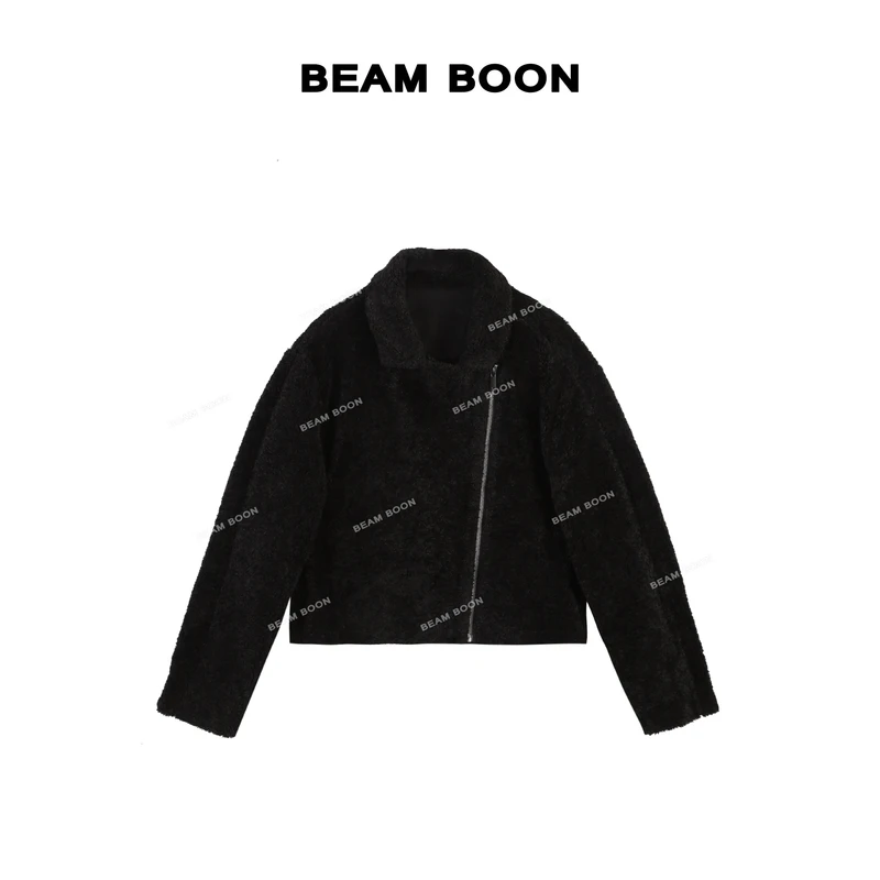 Beam Boon |【黑珍珠】秋冬酷飒纹理毛绒加厚廓形机车夹克外套
