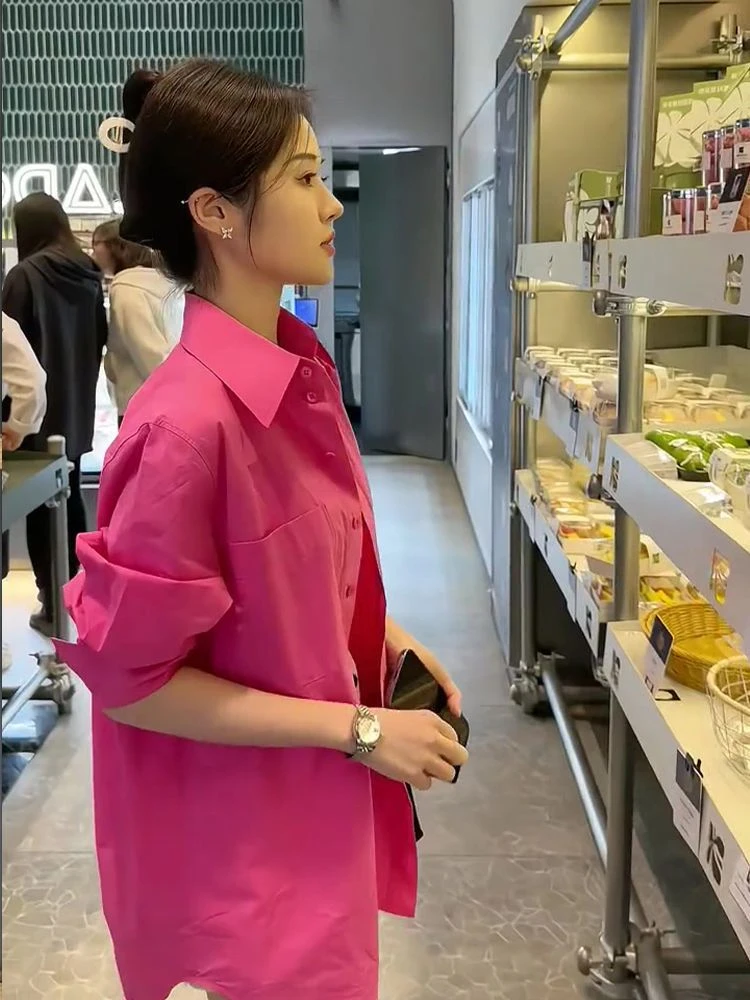 小众春秋火龙果色衬衫气质女装2023新款法式韩版高级感休闲衬衣