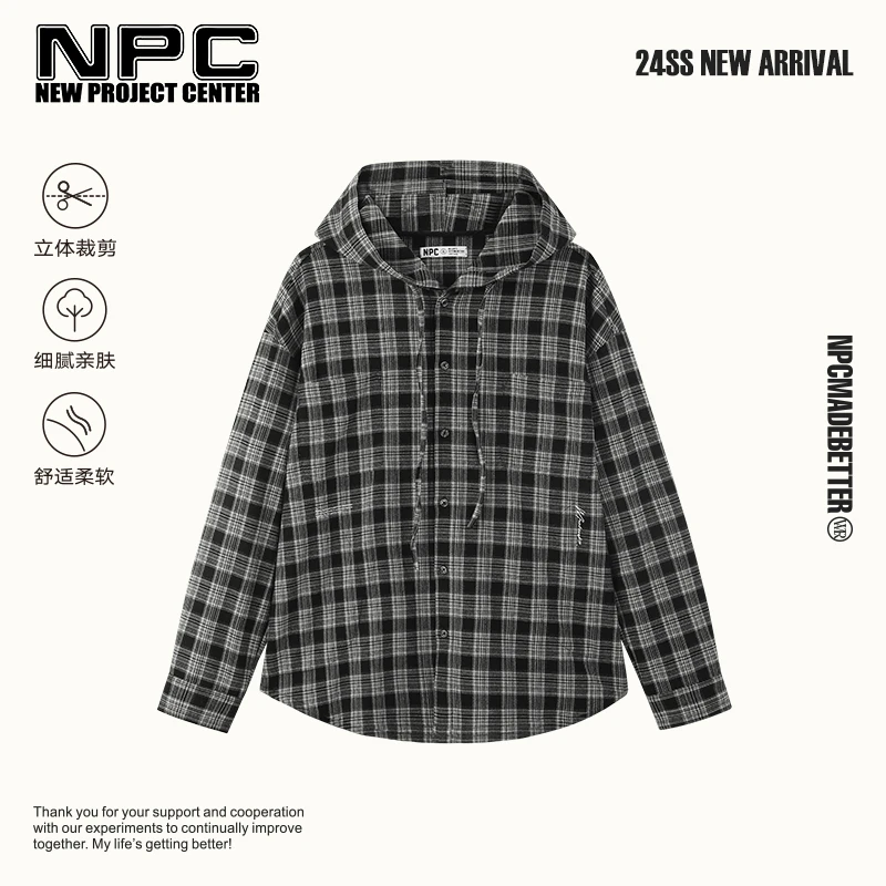 NPC潮牌宽松休闲黑白格纹连帽衬衫外套男潮流NP41SH07