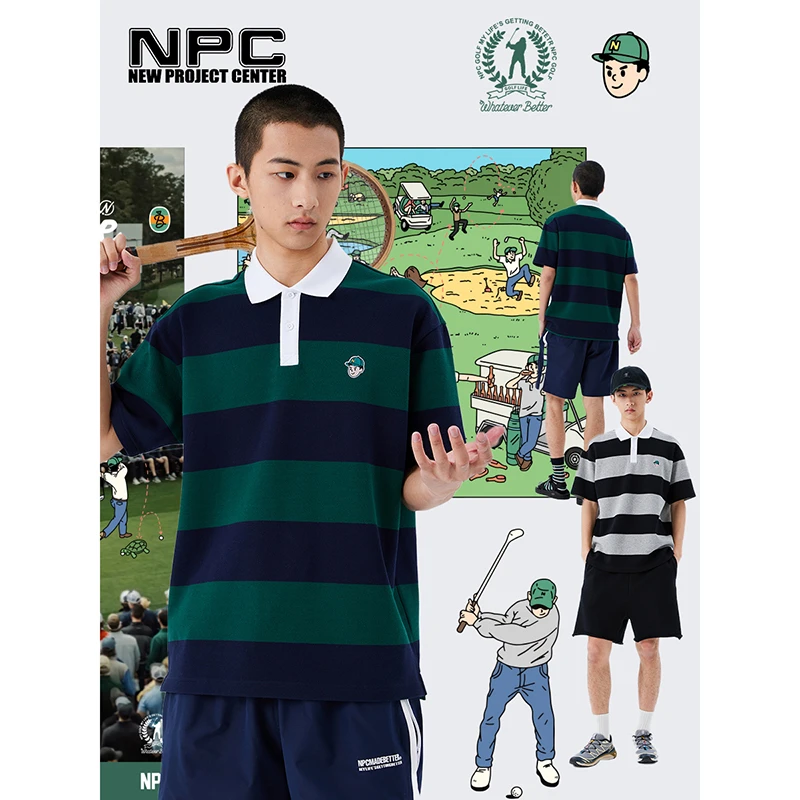 潮牌男装双色条纹休闲翻领POLO短袖上衣宽松运动夏季NP33TE50透气