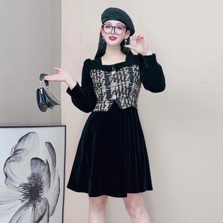 法式复古连衣裙小香风气质大码女装高端粗花呢长袖打底裙洋气3516