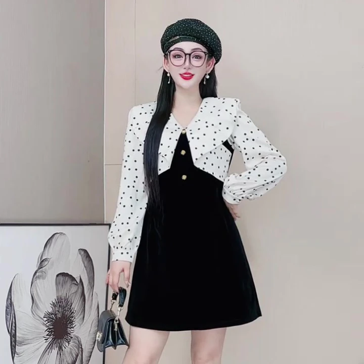 3577新款温柔风拼接设计感连衣裙法式长袖时尚收腰气质打底裙大码