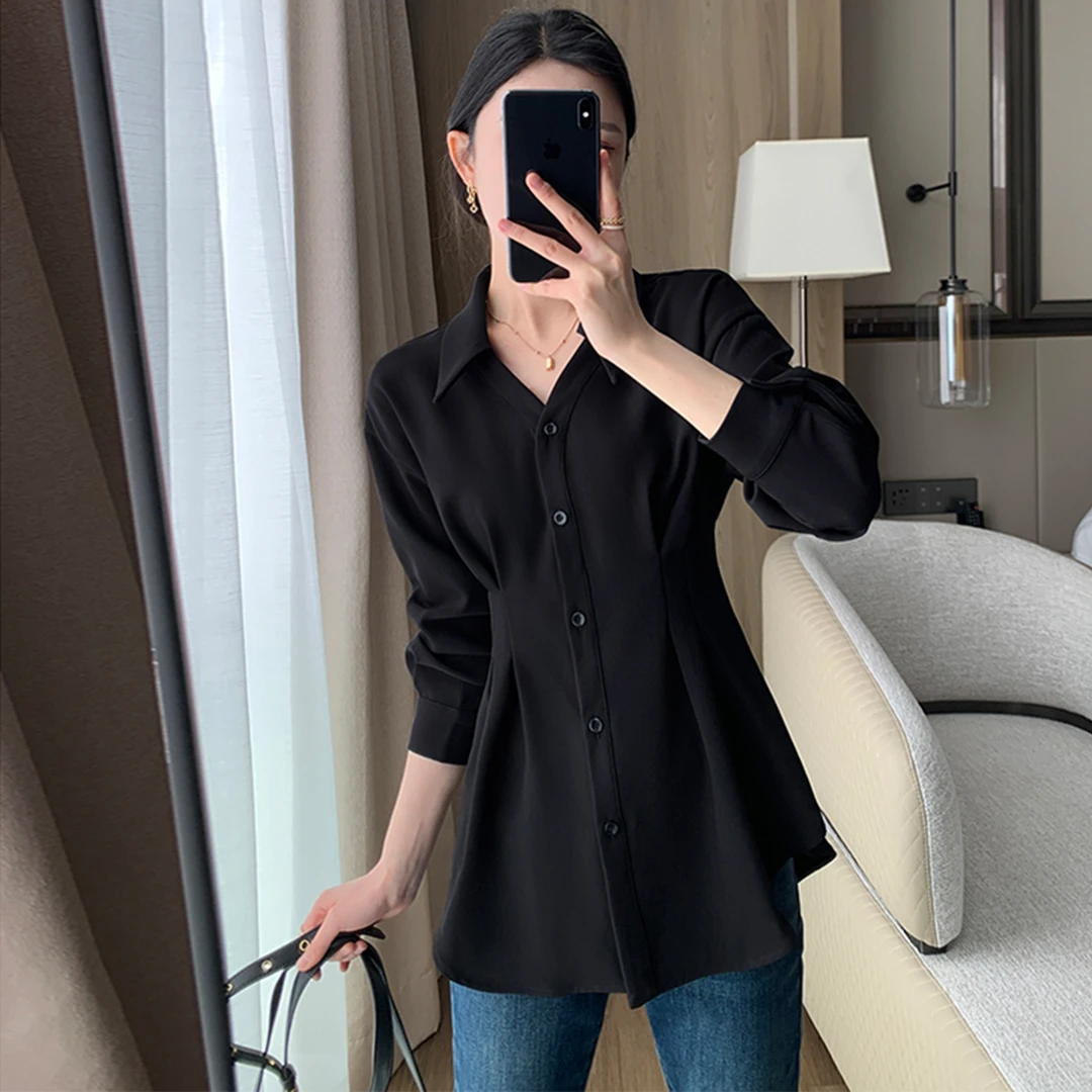 气质高级感V领衬衫女秋季显瘦新款时尚长袖外穿上衣大码女装2856