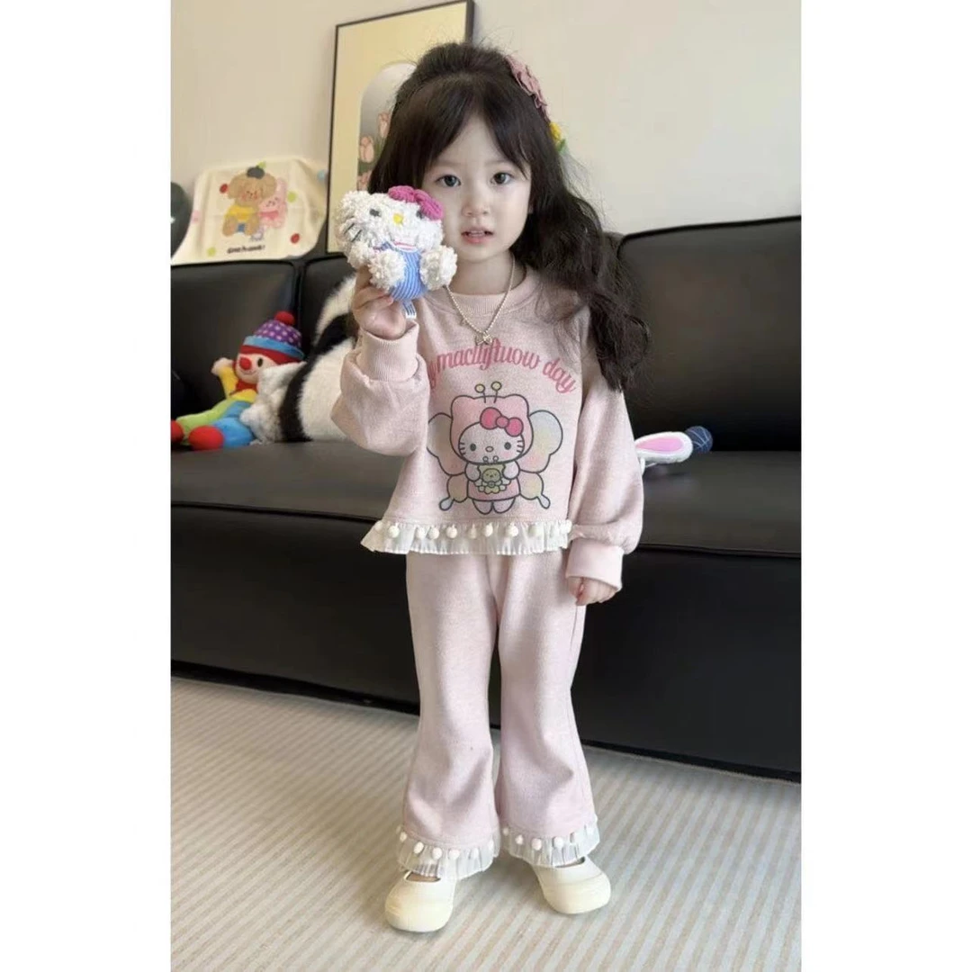 女童套装春秋2024新款儿童秋季休闲童装女宝宝洋气花边卫衣两件套