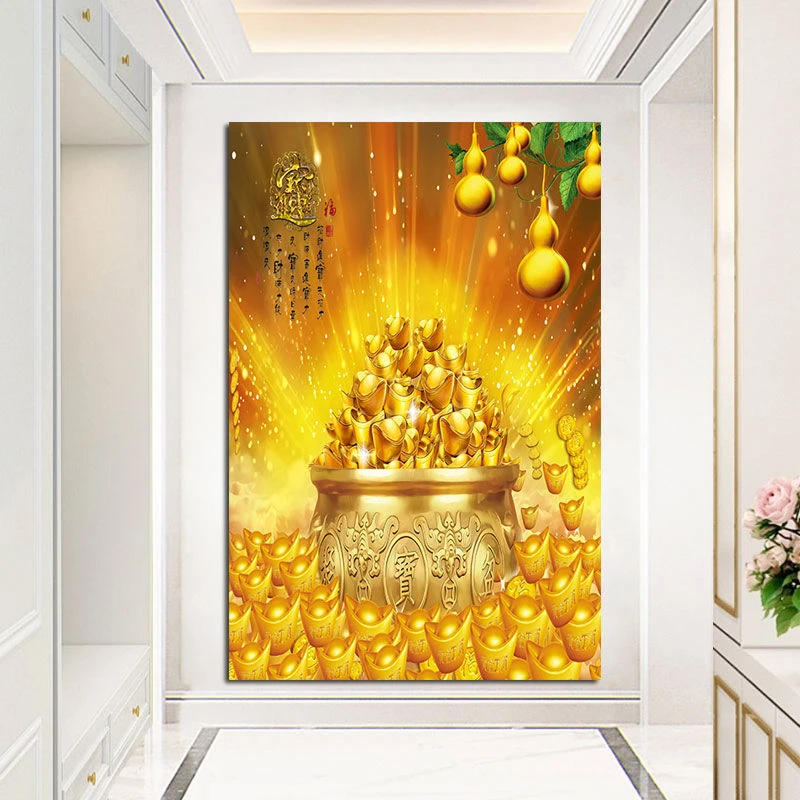 聚宝盆黄金满地财源滚滚金色客厅餐厅贴画背景墙自粘壁画玄关挂画