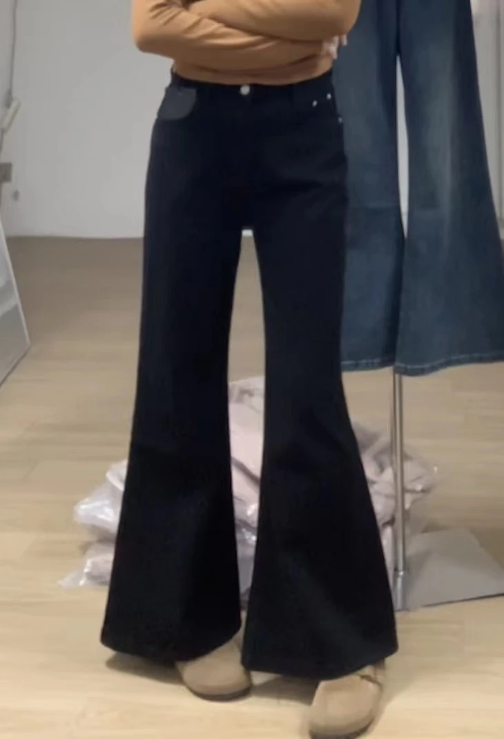 MAMIE【不贴腿】新款设计感水洗韩版复古微喇叭百搭黑色牛仔长裤