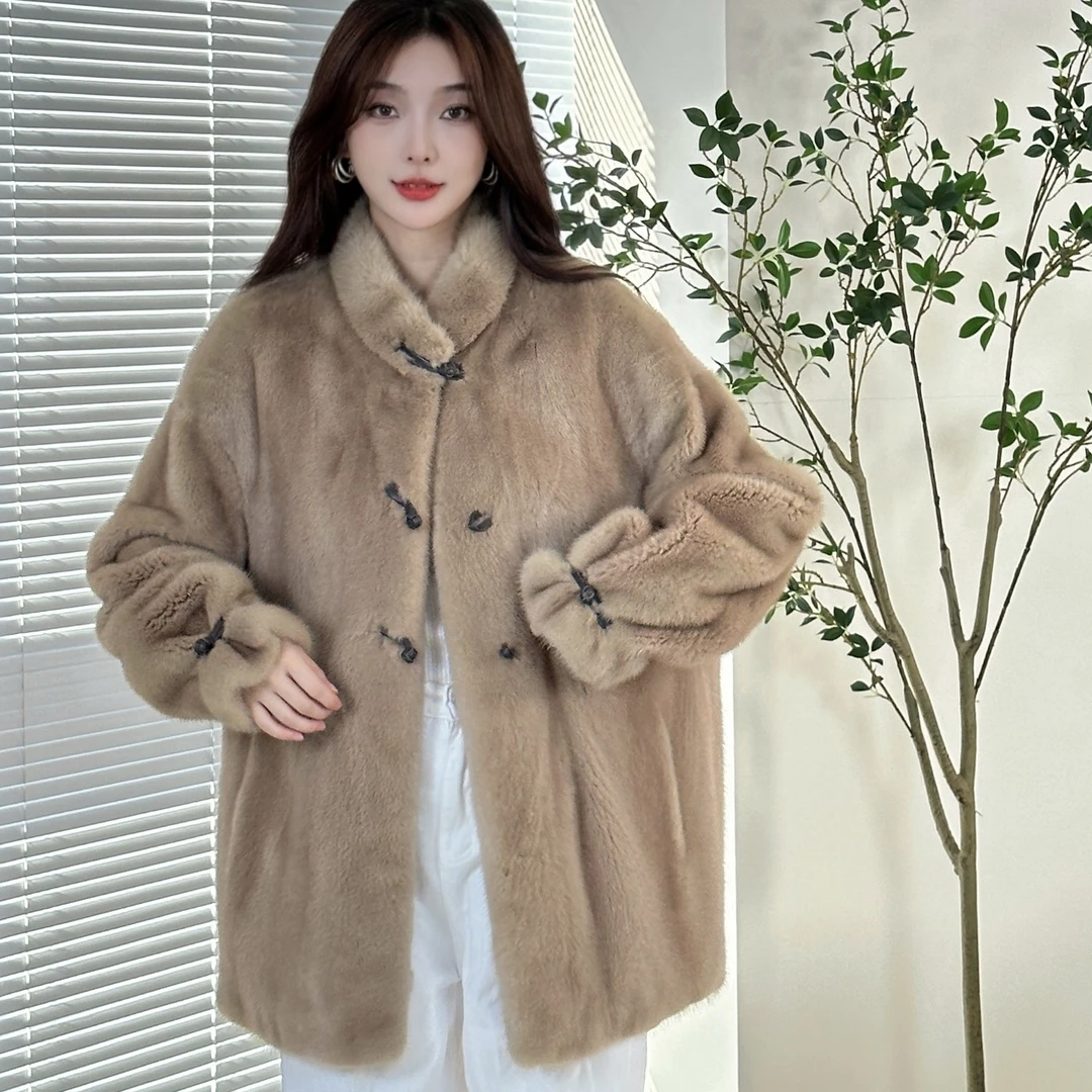 【瑷鸶】天鹅绒级水貂毛皮草外套整貂皮大衣女中长款立领冬季