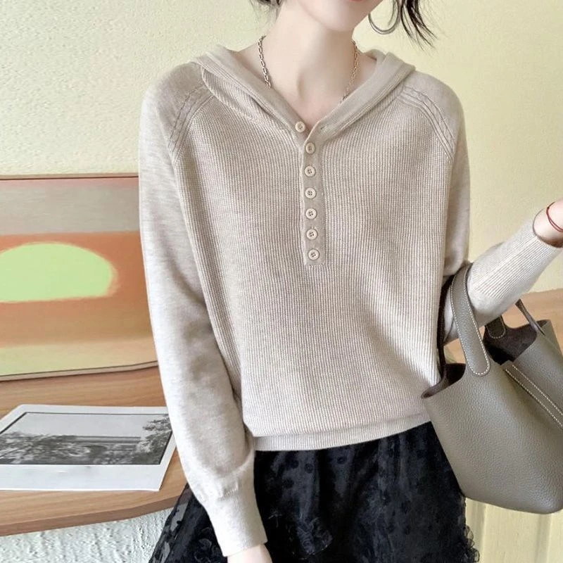 连帽针织衫女装短款秋冬2023新款早春上衣宽松套头卫衣毛衣打底衫