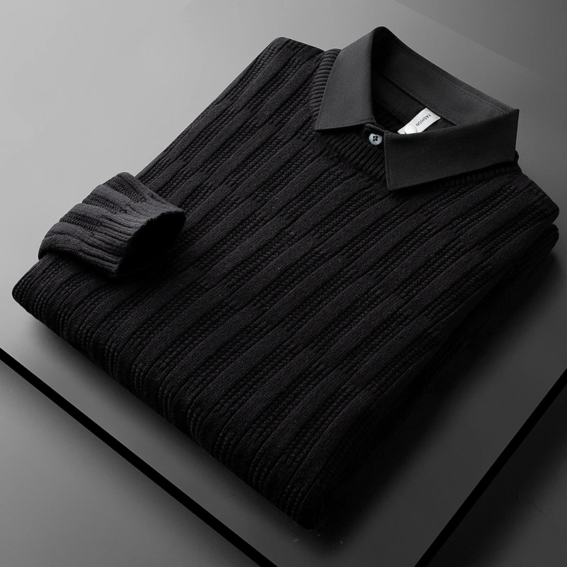 Tispair轻奢冬季男厚款提花面料假两件衬衫领毛衣长袖翻领针织衫