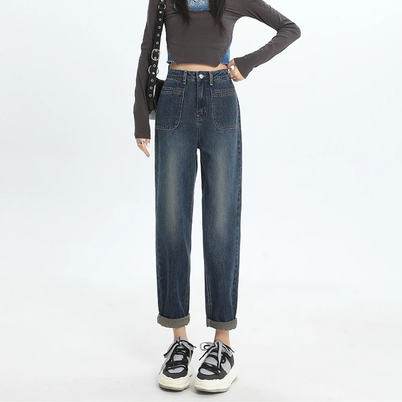 春秋款复古美式大口袋水洗哈伦牛仔裤女九分小个子老爹萝卜裤女