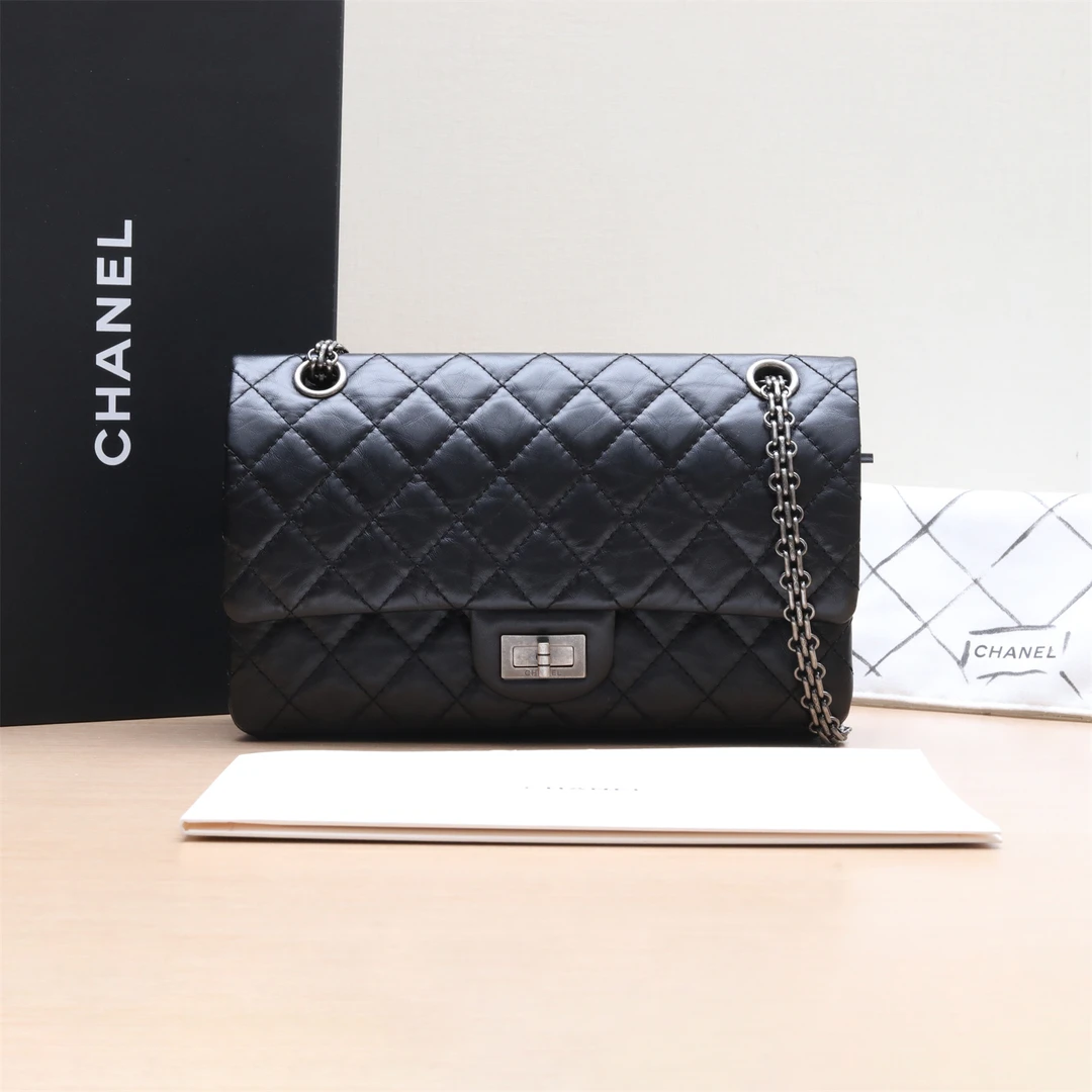 99新 Chanel/香奈儿 小花6枫2.55 口盖包 小号 黑色 芯片开 银扣