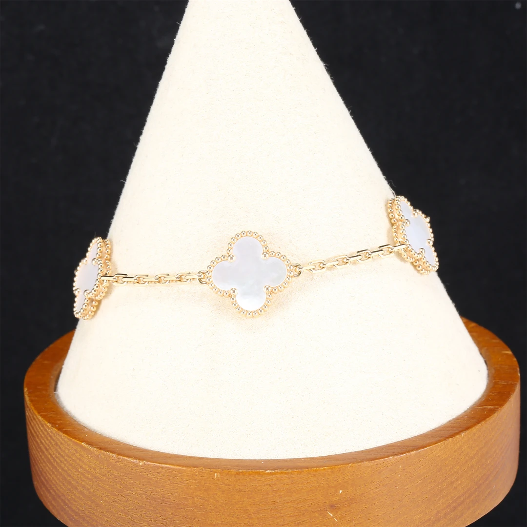 99新 梵克雅宝 小花6枫中号五花手链 新扣 18K黄金/白贝母