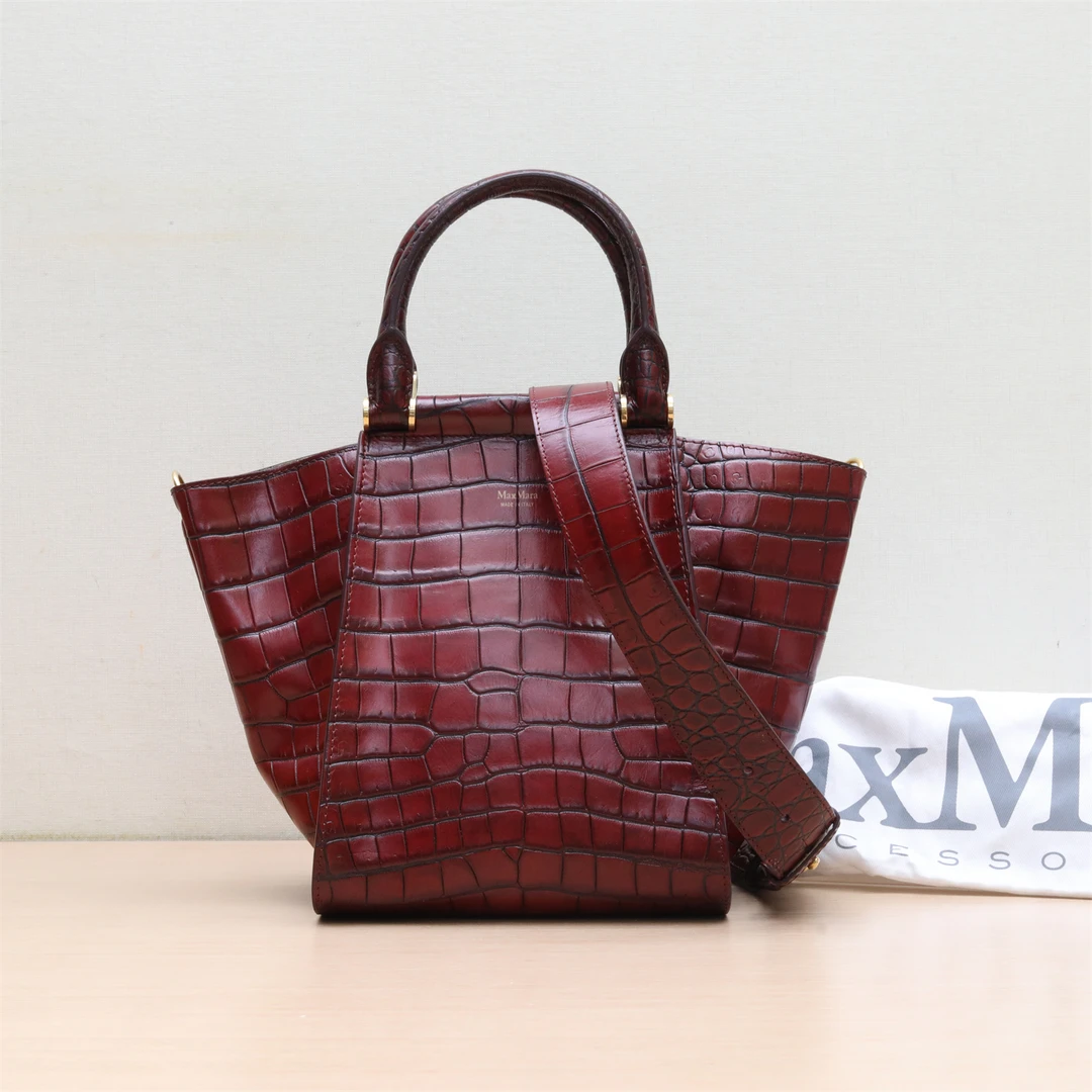 99新 MaxMara 小花6娜P234143331鳄鱼压纹 手提单肩包 红色