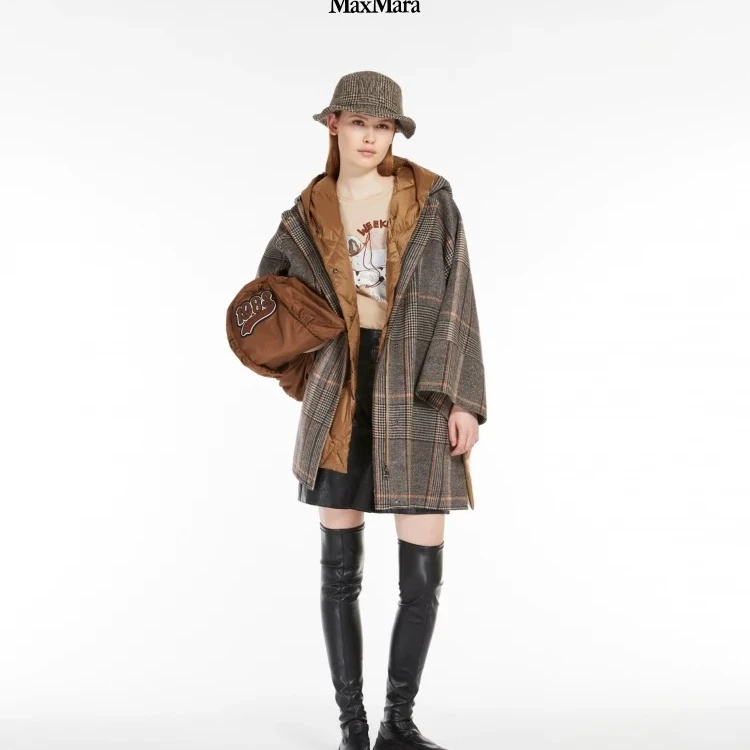 99新 MaxMara 小花6娜 weekend 2024早秋连帽格子羊毛大衣