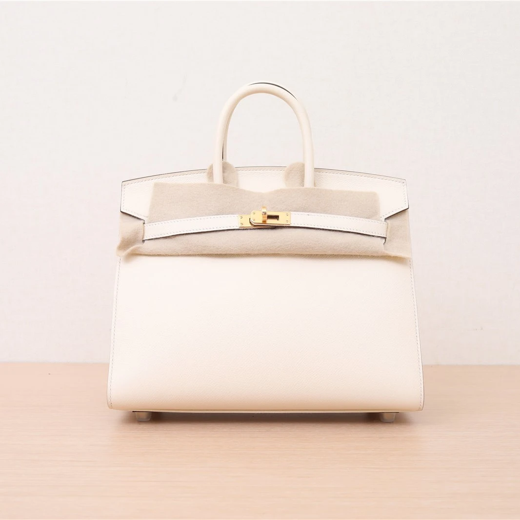 99新 Hermes/爱马仕 小花6欢 Birkin 25 奶油白 Ep皮 Z刻 金扣包