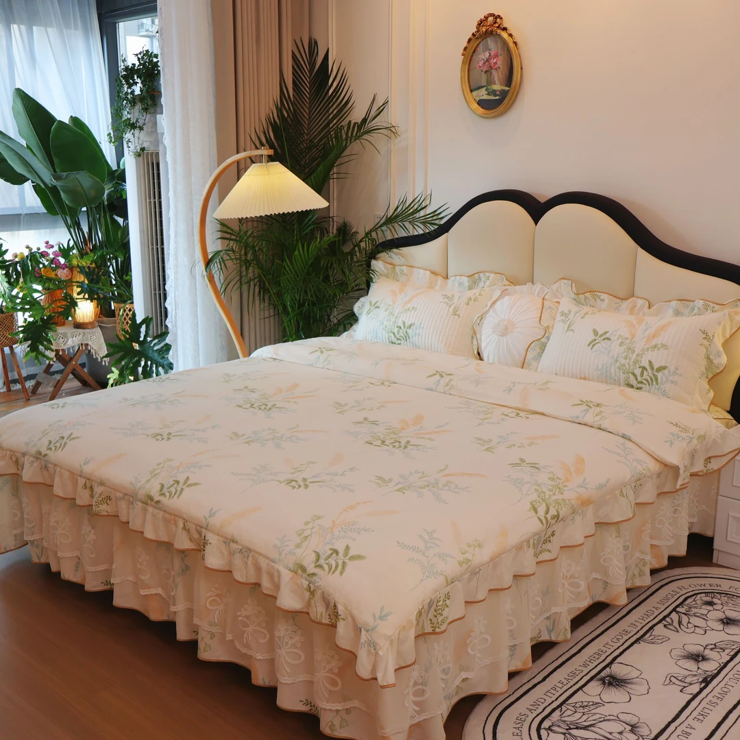 【真珍】清风絮语夹棉款 全棉加厚韩式荷叶边公主风床裙四件套