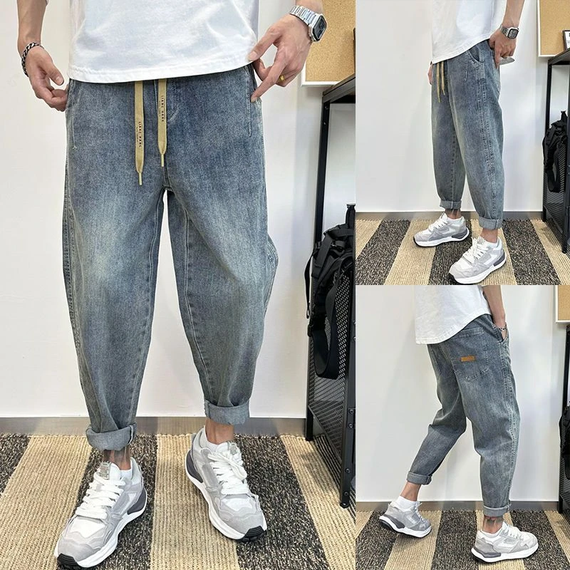 大码300斤裤子男夏季牛仔裤宽松哈伦裤松紧腰萝卜裤阔腿九分裤潮2