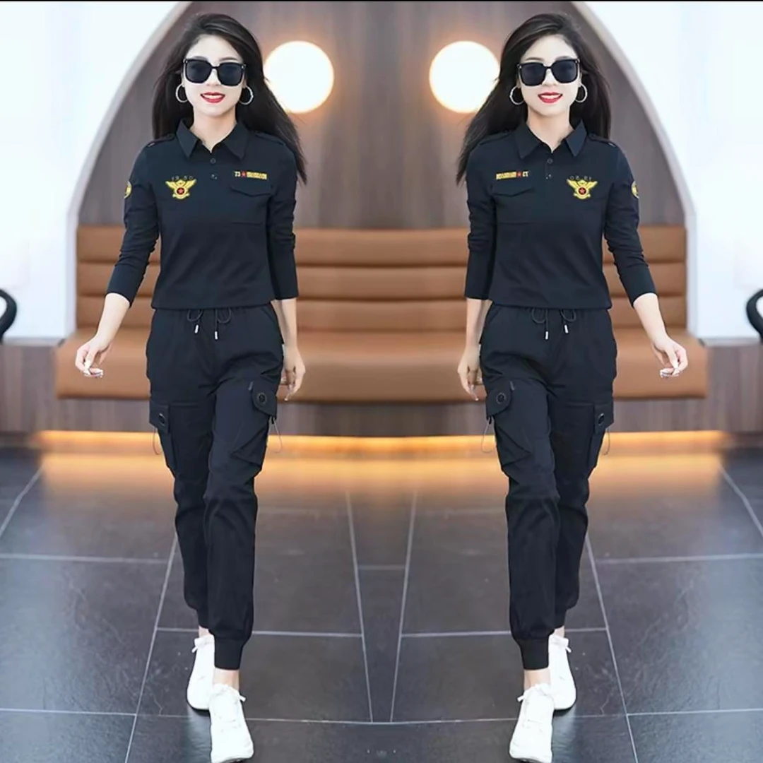 工装套装女春秋新款翻领长袖休闲束脚长裤大码显瘦水兵舞两件套潮
