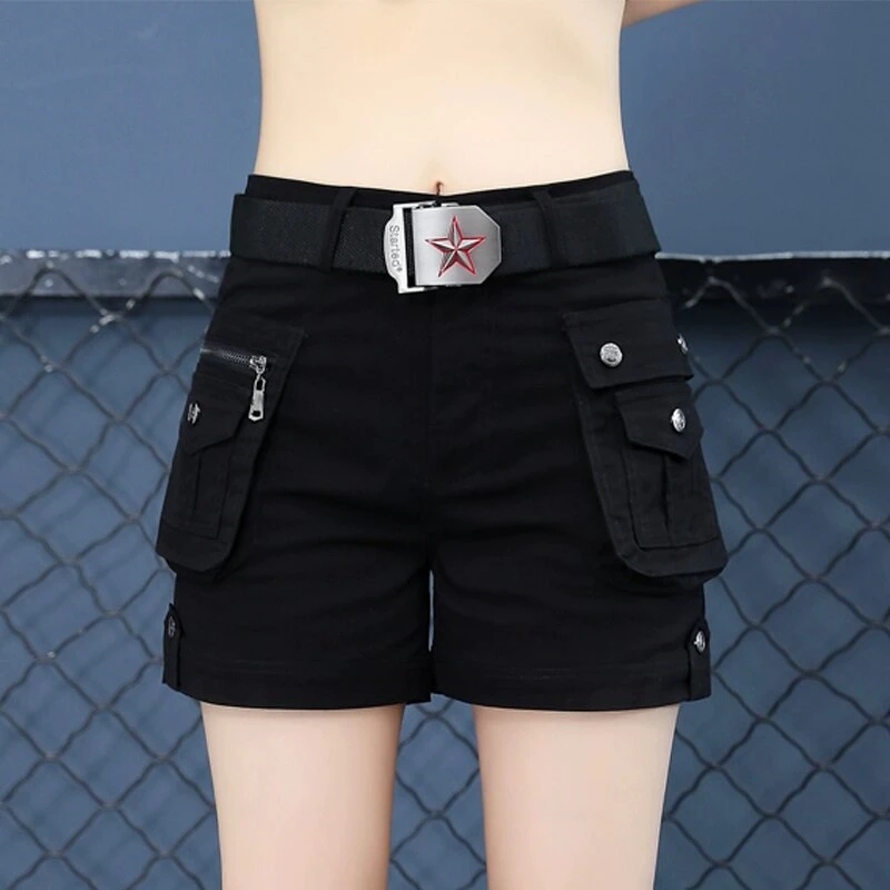 工装短裤女高腰显瘦夏季薄款大码休闲直筒裤黑色外穿弹力迷彩裤子