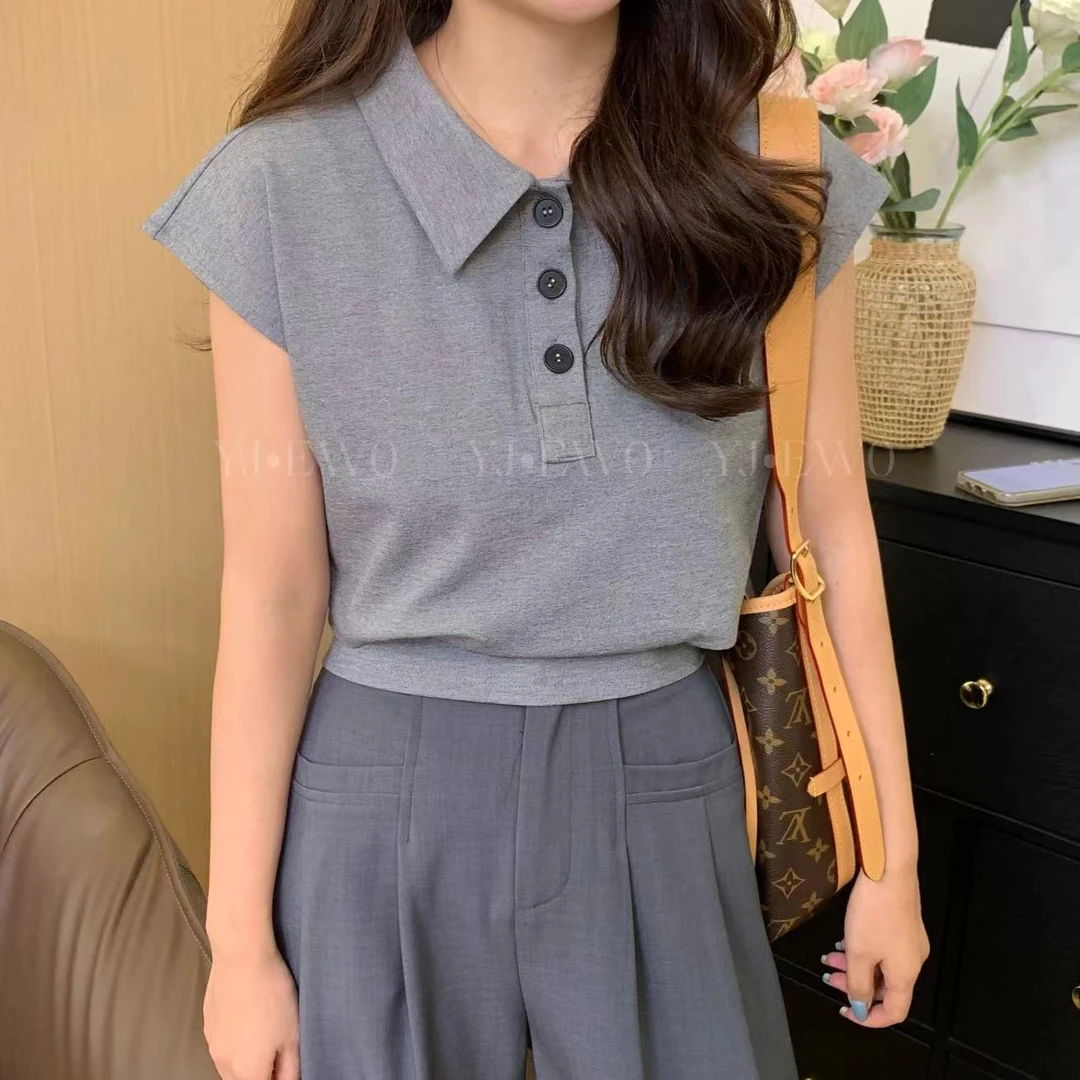【小爽小个子】夏季新款短款时尚休闲百搭翻领设计感上衣-9673